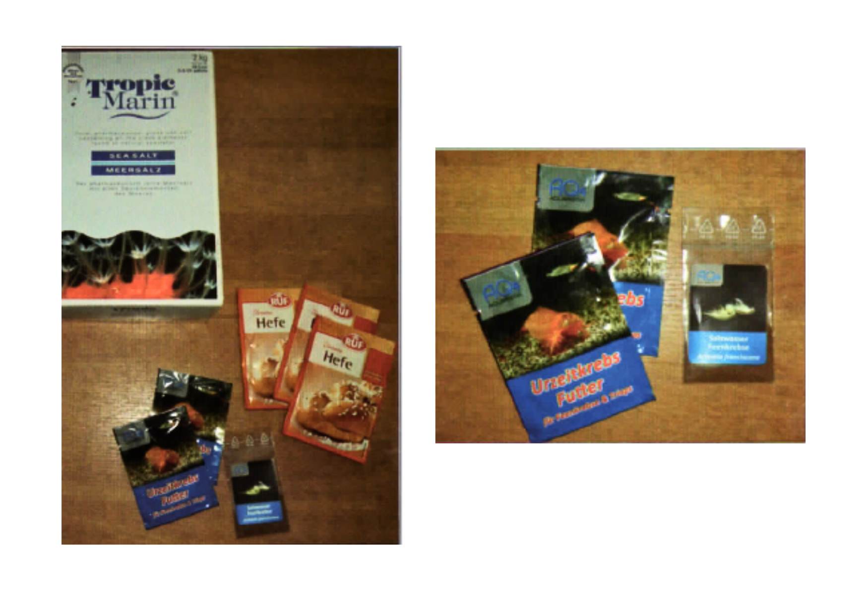 2 kg mořské soli, násada Artemia franciscana (množství stačí na založení tří kultur) a také startovací krmivo jsou součástí prodejného balení. Sušené droždí ze supermarketu.